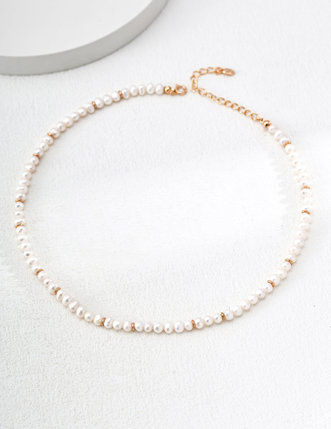 Minimalist Gold Rondelle Pearl Necklace - Full Strand Circular Flat Lay