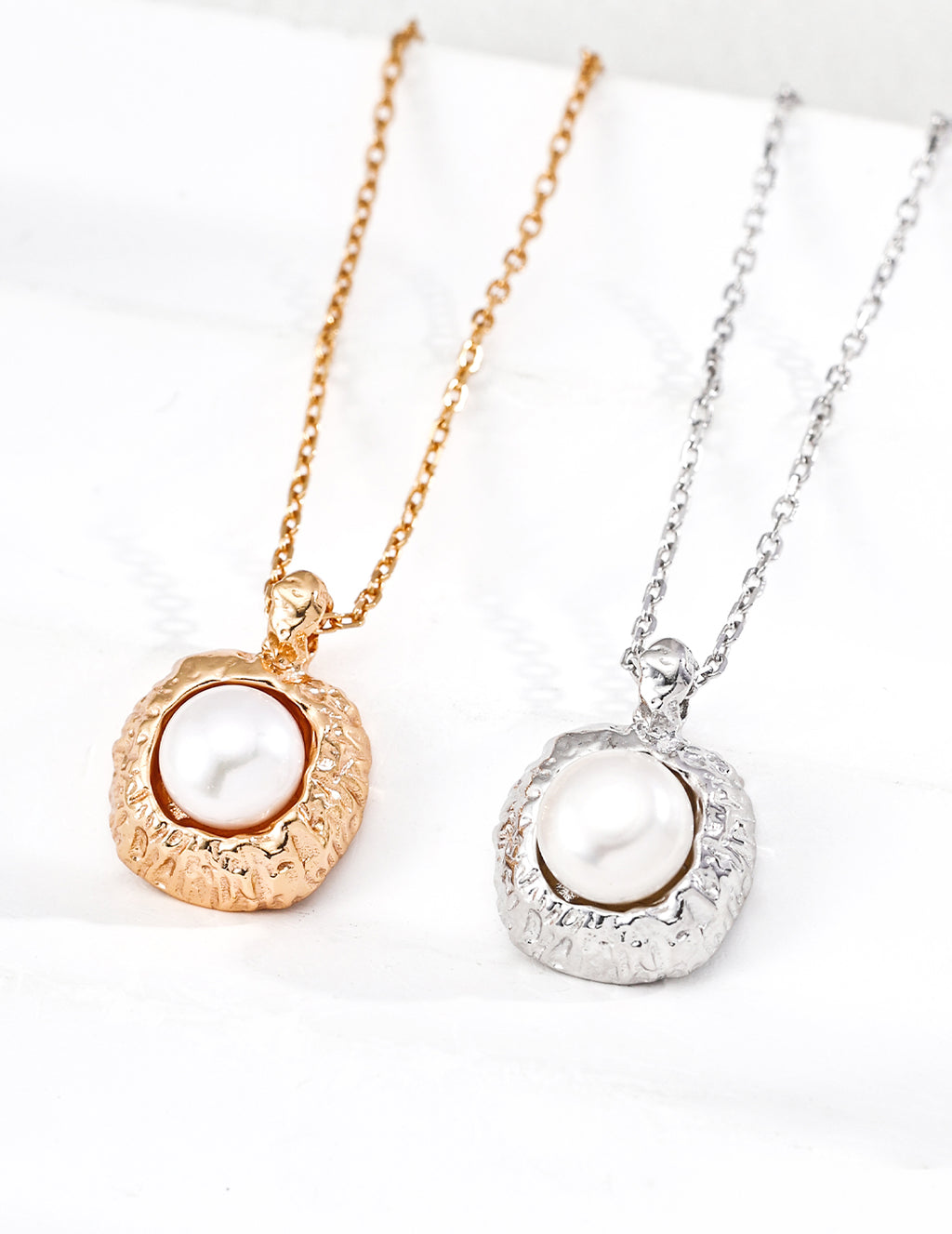 "Chiseled Rock" Pearl Medallion Necklace - Gold and Silver Pair