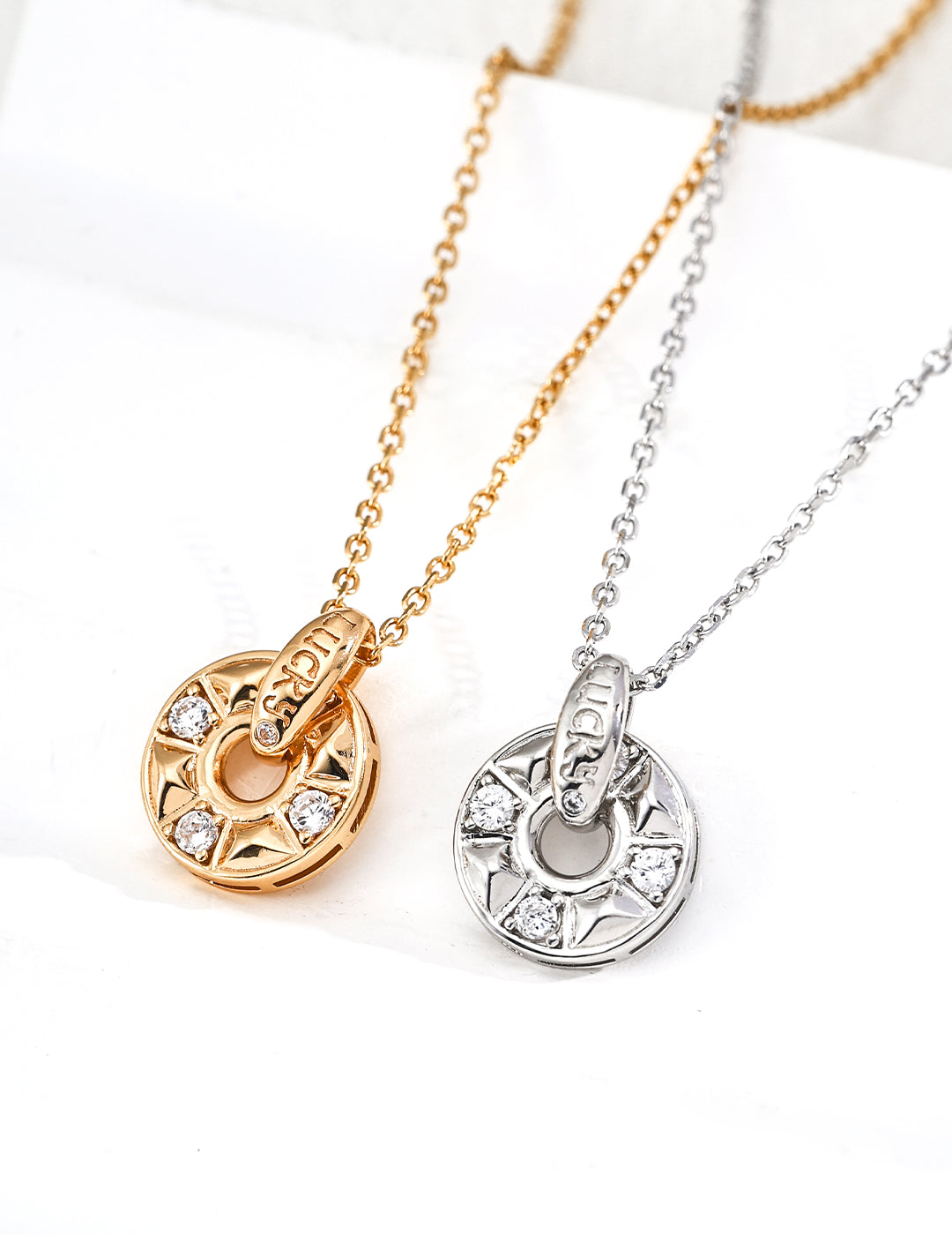 "Lucky Wheel" Pyramid Stud Zirconia Necklace - Gold and Silver Pair