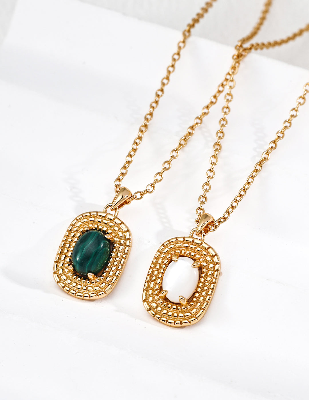 "Woven Rattan" Gemstone Medallion Necklace - Close Up Pair