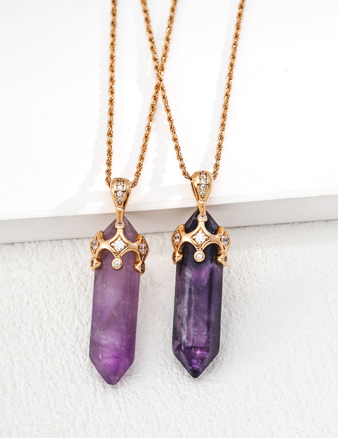 "Royal Coronet" Amethyst Crystal Point Necklace - Natural Crystal Pair