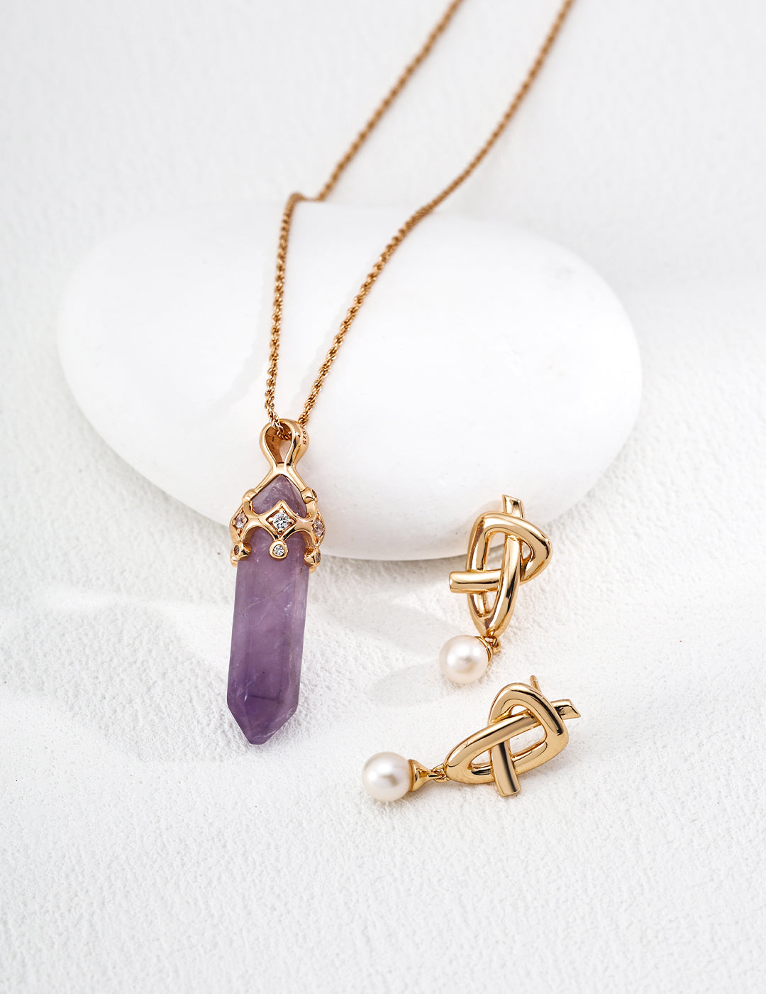"Royal Coronet" Amethyst Crystal Point Necklace - Pearl Earrings Suite