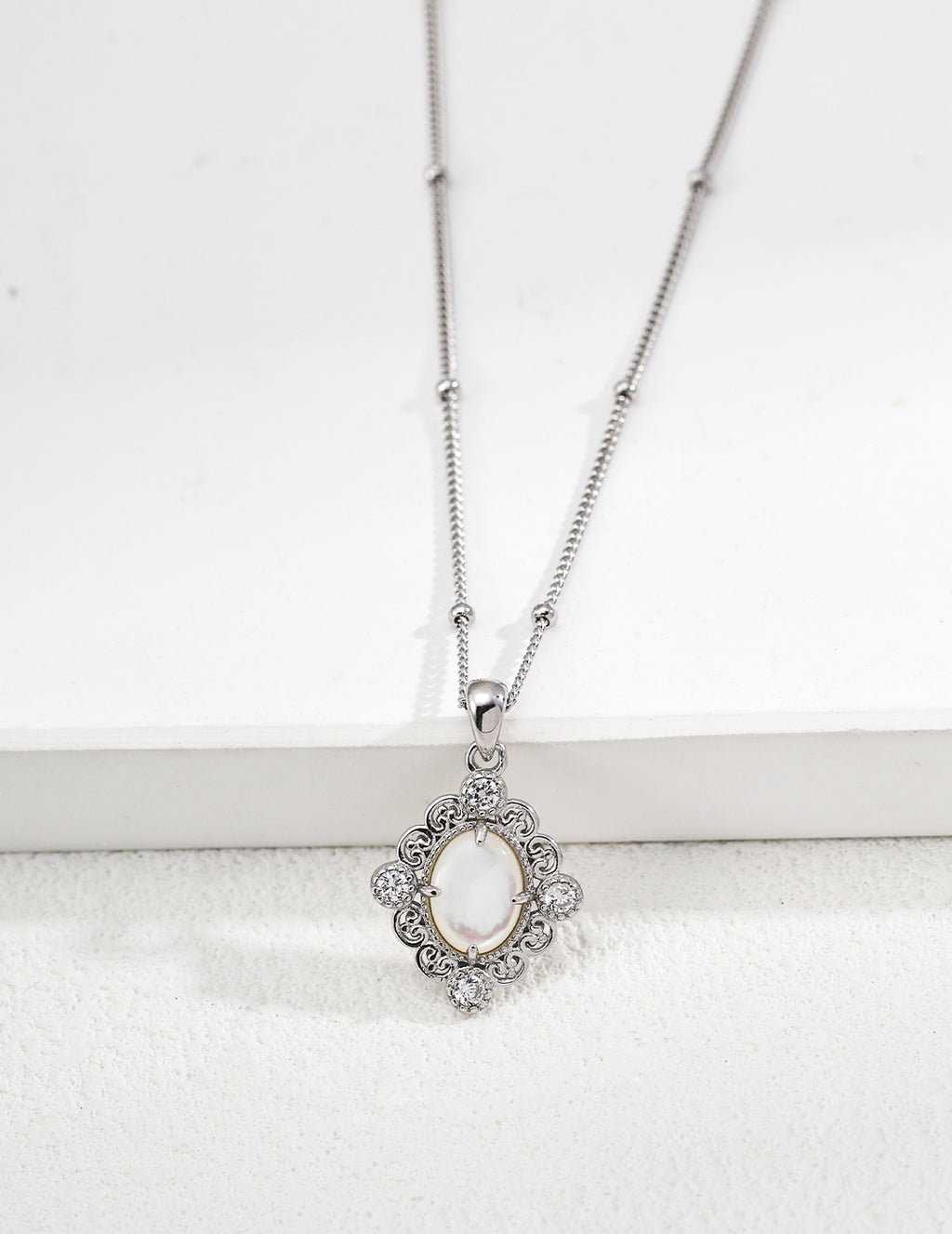 Gothic Palace Filigree Necklace - Silver with Mother-of-Pearl