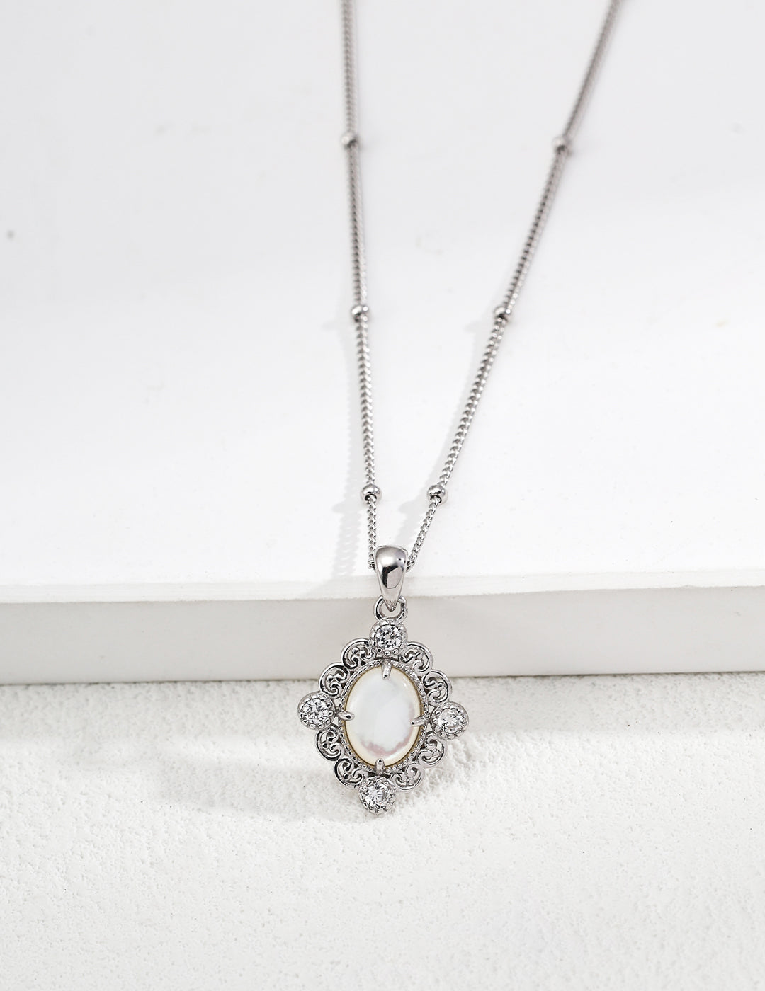 Gothic Palace Filigree Necklace - Silver with Mother-of-Pearl