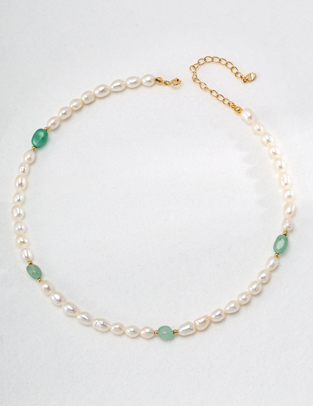 Natural Freeform Green Jade & Pearl Necklace - Flat Lay