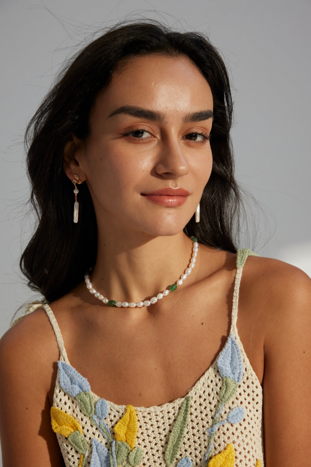 Natural Freeform Green Jade & Pearl Necklace - Model Portrait