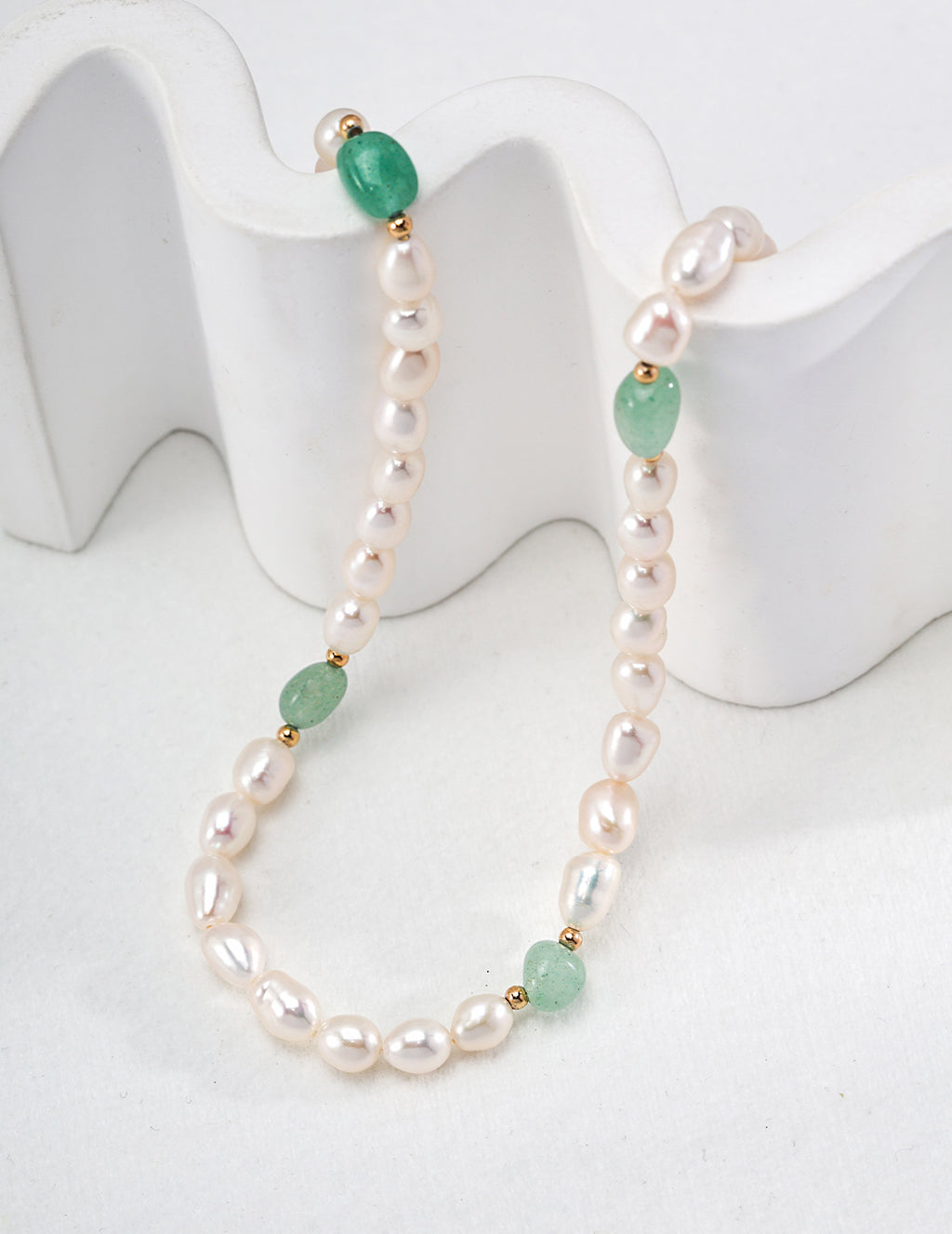 Natural Freeform Green Jade & Pearl Necklace - On Display