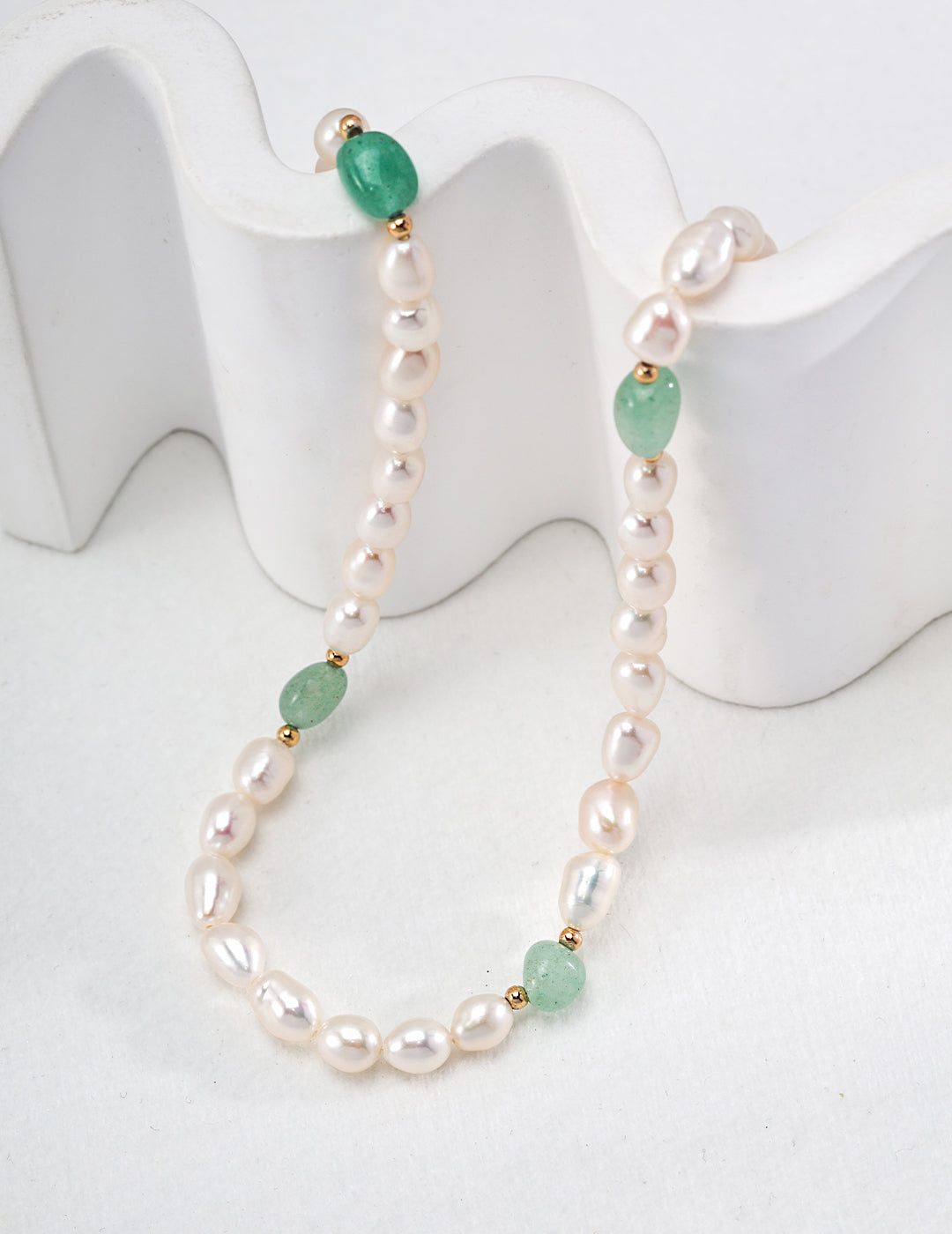 Natural Freeform Green Jade & Pearl Necklace - On Display