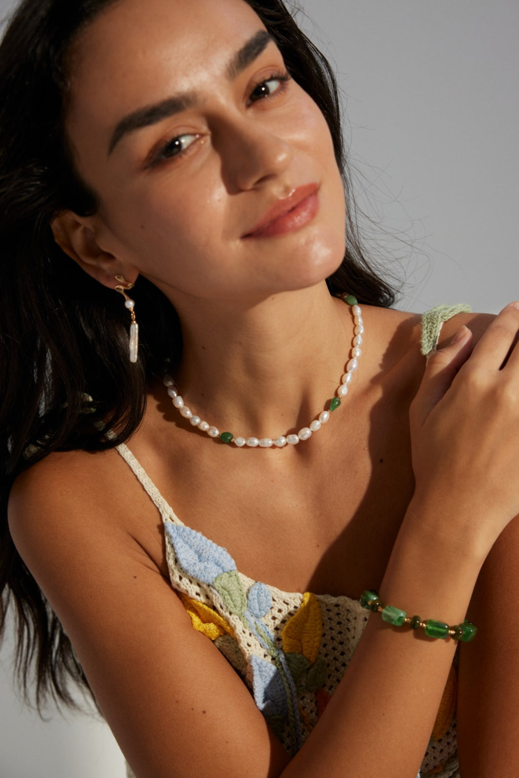 Natural Freeform Green Jade & Pearl Necklace - Model Suite
