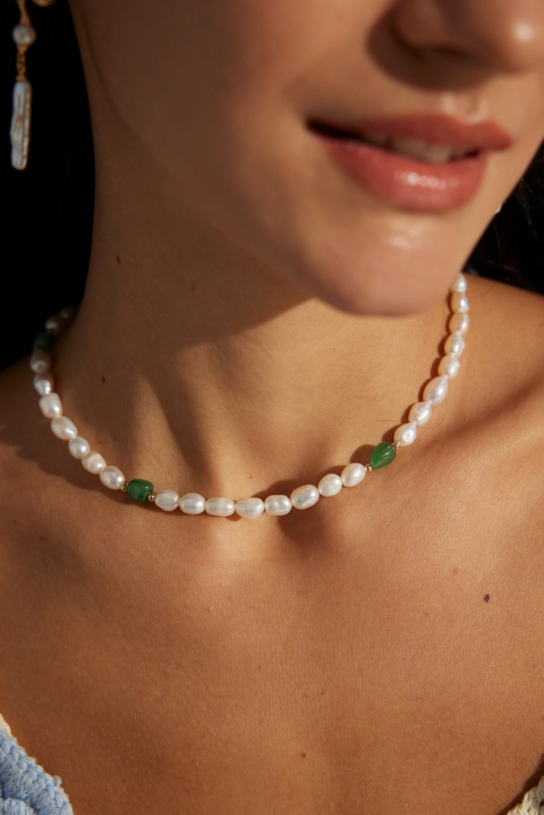 Natural Freeform Green Jade & Pearl Necklace - Model Close Up