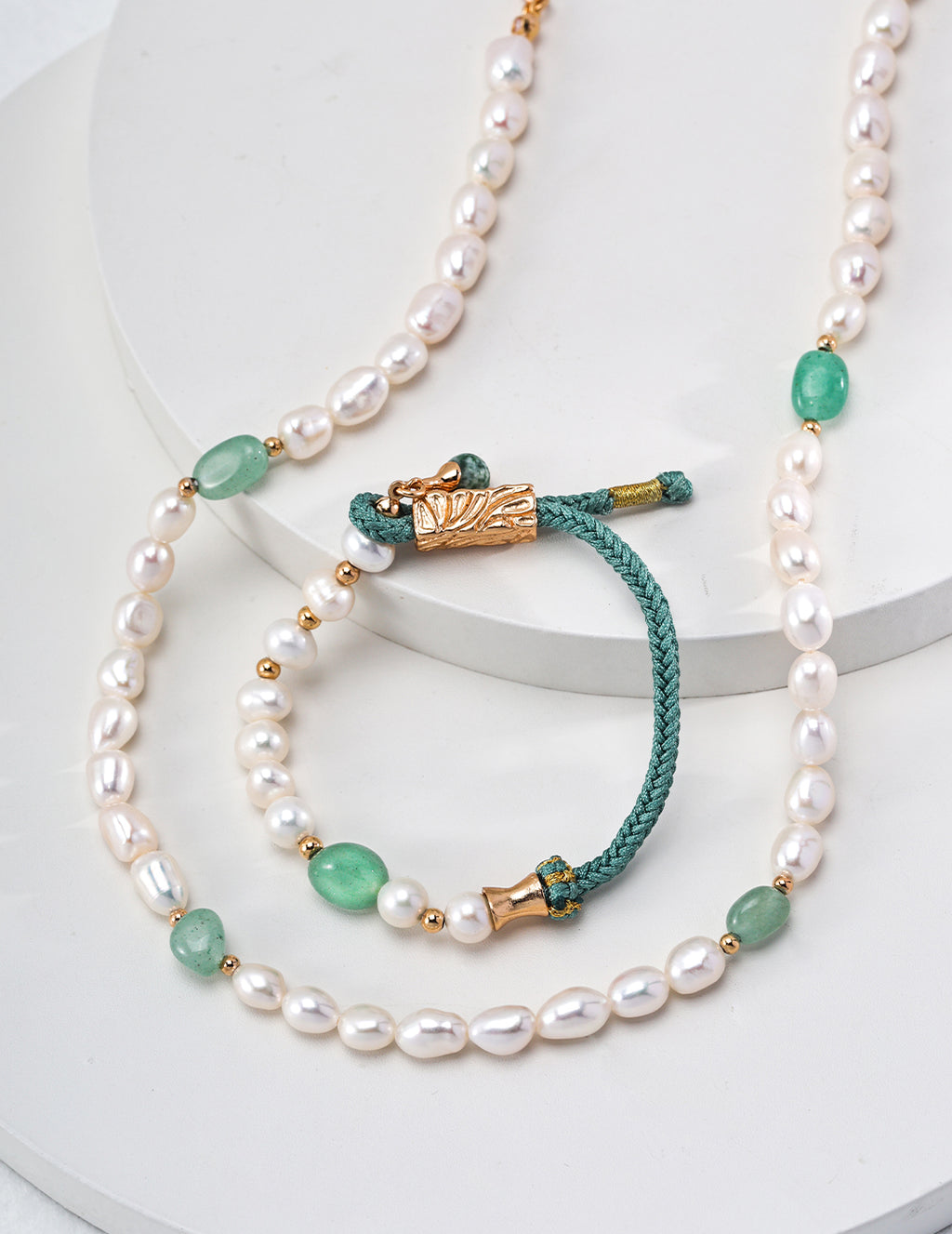Natural Freeform Green Jade & Pearl Necklace - With Braided Bracelet