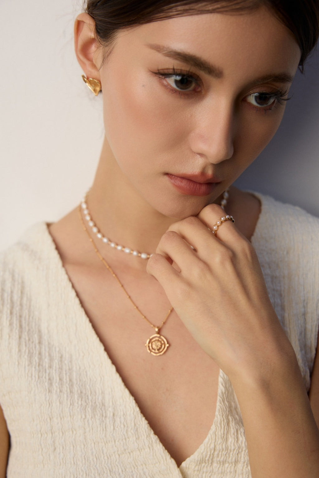 "Essential Layering" Pearl Choker - Layered with Coin Pendant