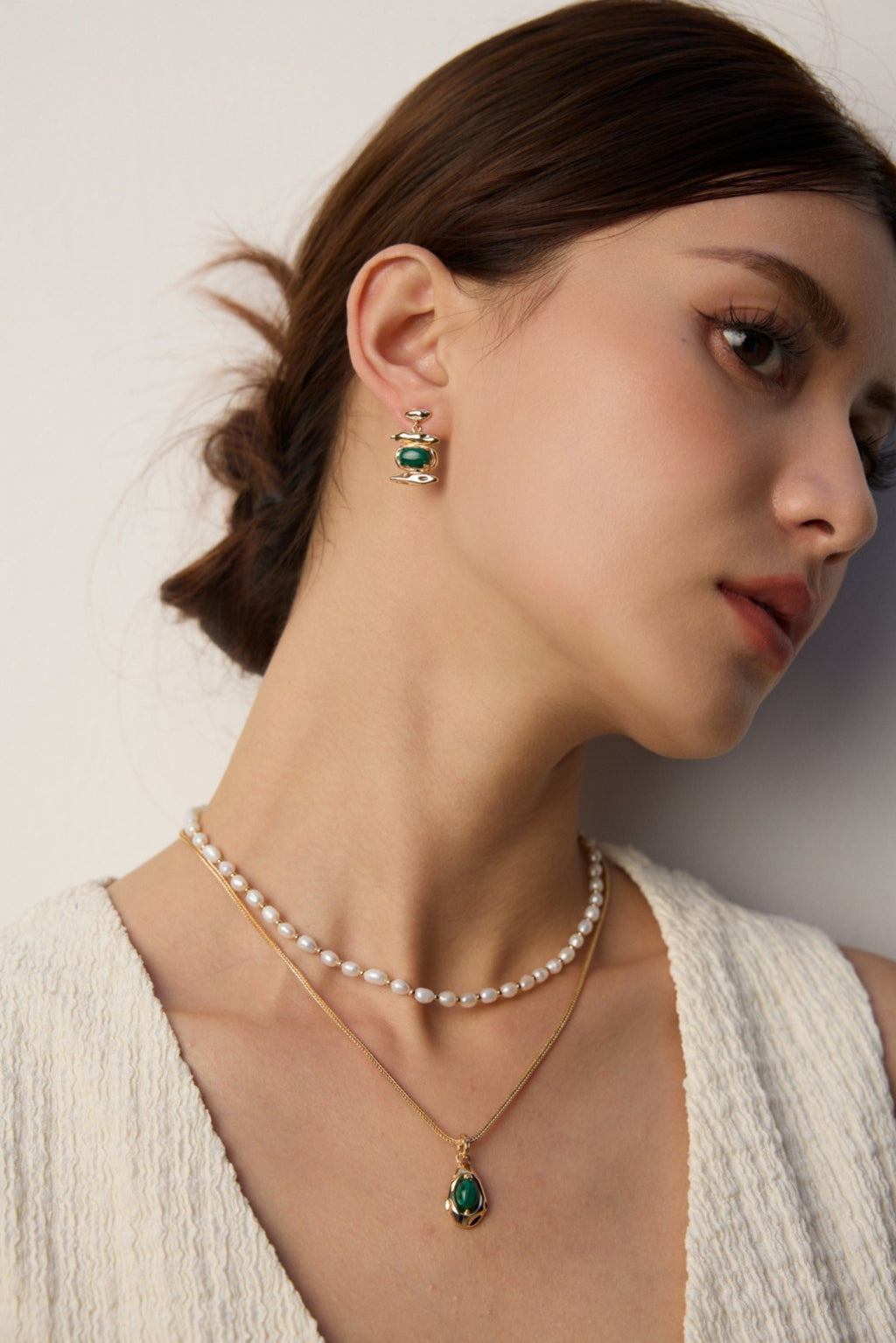 "Essential Layering" Pearl Choker - Layered with Green Gemstone