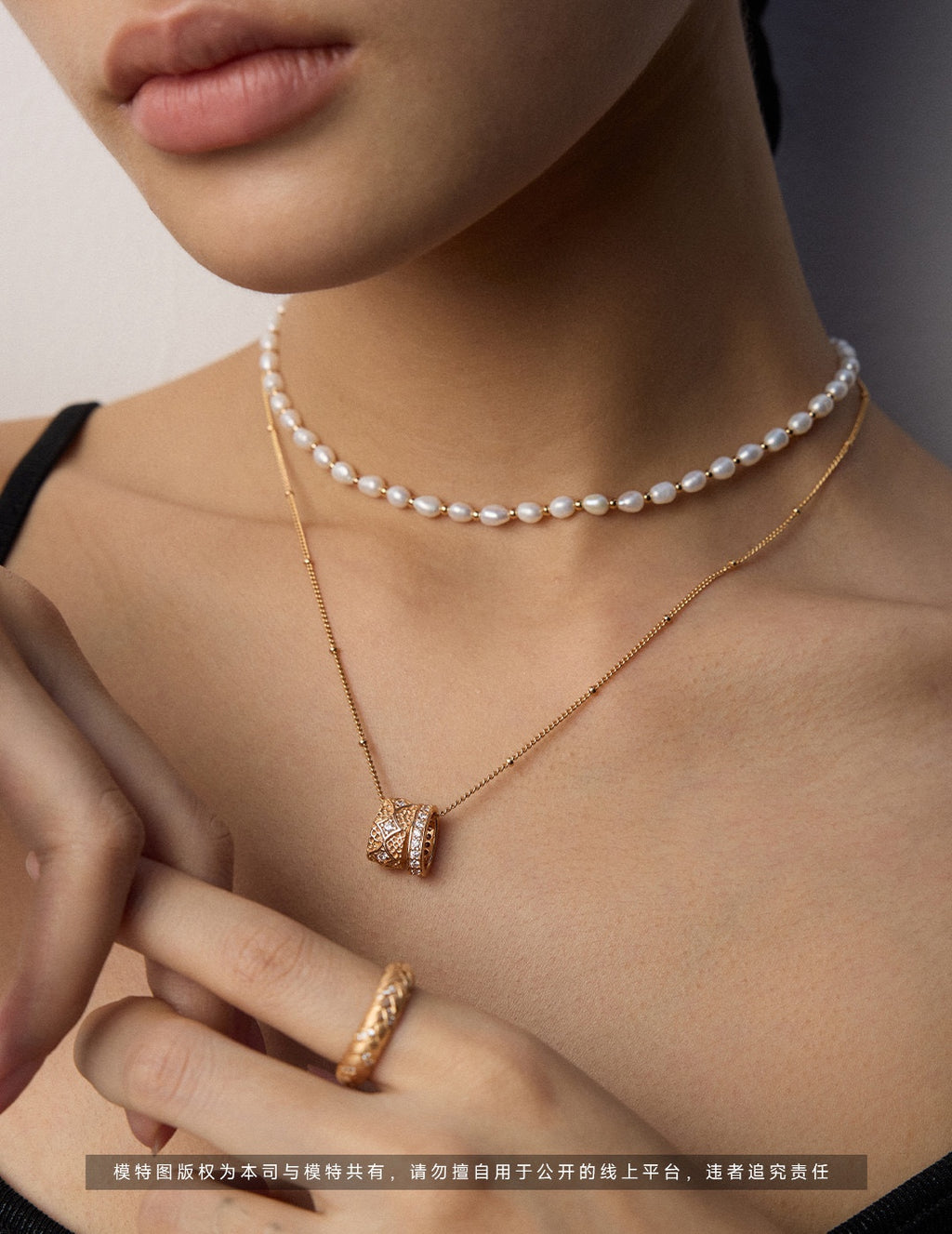 "Essential Layering" Pearl Choker - Layered with Barrel Necklace