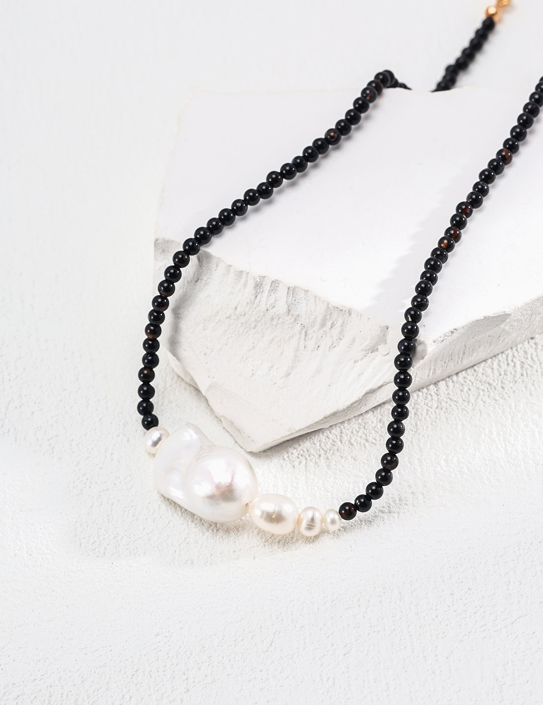 Asymmetric Baroque Pearl & Black Agate Choker - Flat Lay