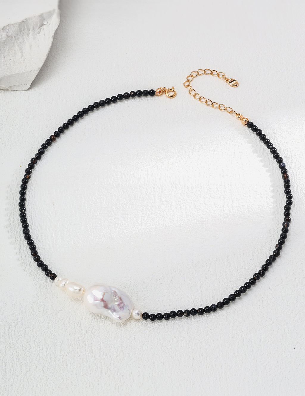 Asymmetric Baroque Pearl & Black Agate Choker - Full Strand Flat Lay