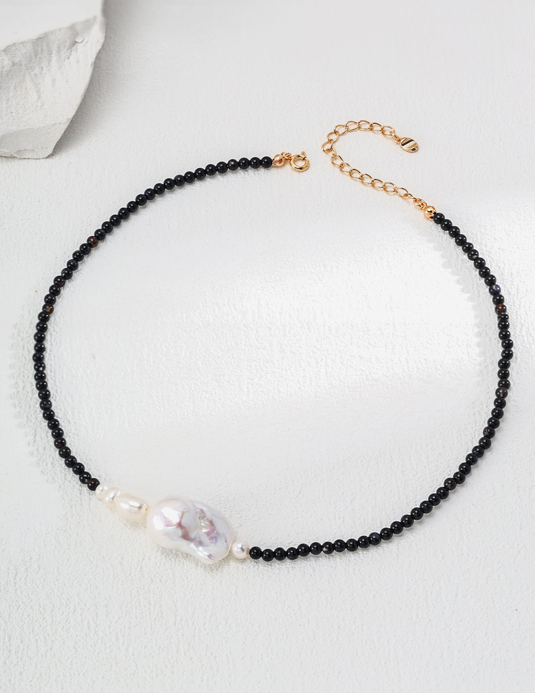 Asymmetric Baroque Pearl & Black Agate Choker - Full Strand Flat Lay