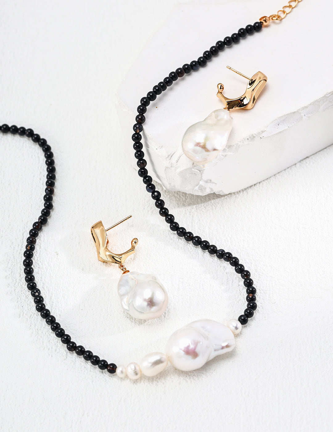 Asymmetric Baroque Pearl & Black Agate Choker - Jewelry Suite Flat Lay